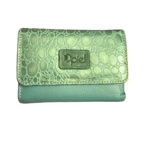 RARE Piel Wallet Handmade Textured Leather Green Teal Bifold Snap Tons Space